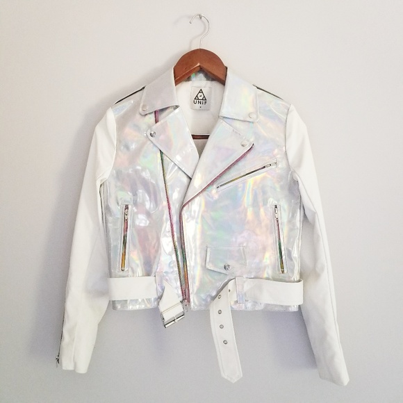 UNIF Jackets & Blazers - Unif Gammaray Holographic Silver White Moto Jacket